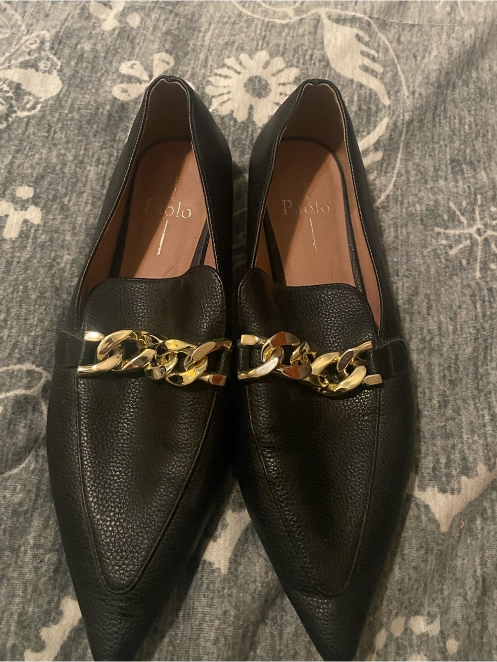 Paolo Black Leather Pointed Toe Loafers with Gold Chain